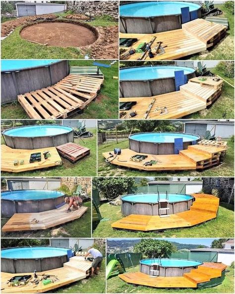 Above Ground Pool Seating, Pool Seating, Pool Deck Decorations, Cheap Pool, Pool Deck Ideas, Deck Decor, Deck Backyard, House Pool, Outdoor Pool Area