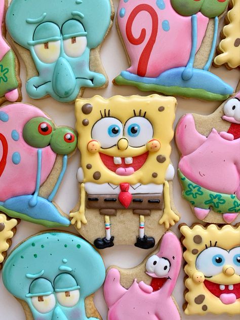 Spongebob Cookies Decorated, Sunđer Bob, Spongebob Cookies, Spongebob Birthday Party Decorations, Spongebob Cake, Spongebob Birthday Party, Spongebob Party, Cookies Theme, Spongebob Birthday