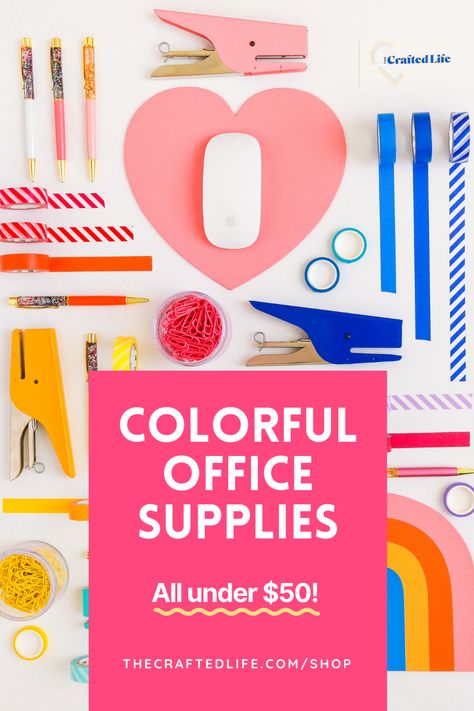 flat lay of office supplies (washi tape, pens, paper clips, staplers, and mouse pads) Colorful Office Decor, Colorful Office Supplies, Colorful Office, Diy Office Decor, Office Themes, Desk Inspo, Desk Supplies, Office Colors, Desk Decoration