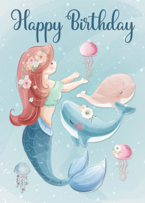 Mermaid with Whales and Jelly Fish for Happy Birthday card Happy Birthday Mermaid Wishes, Happy Birthday Mermaid, Happy Birthday Mom From Daughter, Mermaid Happy Birthday, Mermaid Background, Happy 4th Birthday, Happy Birthday Girls, Business Card Design Inspiration, Watercolor Card