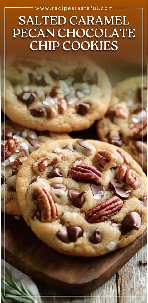 These decadent cookies are a sweet blend of semi-sweet chocolate chips, crunchy pecans, and a touch of salted caramel, creating the perfect balance of sweet and salty in every bite. Chocolate Chip Cookies With Salt On Top, Salted Caramel Pecan Cookies, Carmel Chips Cookies, Cookie Recipes Caramel, Cookies With Caramel Chips, Salted Caramel Pecan Chocolate Chip Cookies, Caramel Pecan Chocolate Chip Cookies, Fruity Christmas Cookies, Pecan Sandies Cookies Recipes