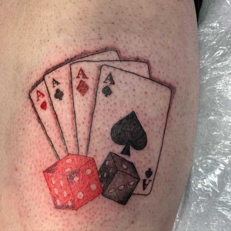 Card And Dice Tattoo, Red Dice Tattoo, 4 Aces Tattoo, Card Suit Tattoo, Poker Card Tattoo, Dice Tattoo Ideas, Gambling Tattoo Ideas, Deck Of Cards Tattoo, Dice Tattoos