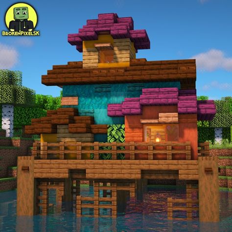 Minecraft Dock Aesthetic, Minecraft Colourful Builds, Hippie Minecraft House, Colourful Minecraft House, Minecraft Docks Ideas, Minecraft Dock Design Aesthetic, Dock Minecraft Ideas, Minecraft Colorful Houses, Colorful Minecraft Houses