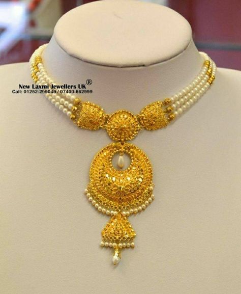 Bengali Jewellery Design, Gold Pearl Choker Bengali, Moti Necklace Design In Gold, Pearl Choker Necklace Indian Gold, Gold Moti Necklace, Gold Sitahar Design, Bengali Gold Jewellery, Pearl Gold Necklace Indian, Gold Choker Necklace Indian Bridal