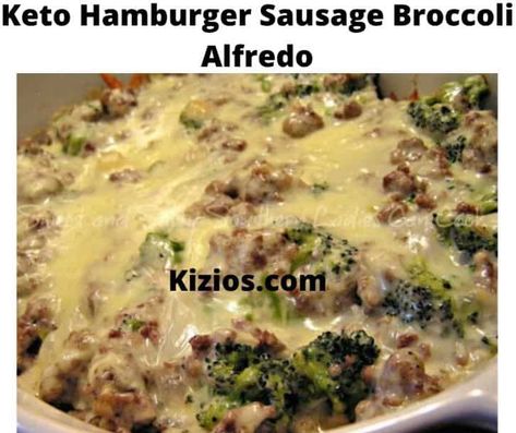 Hamburger Sausage Broccoli Alfredo, Sausage Broccoli Alfredo, Cheesy Asparagus Casserole, Healthy Hamburger Recipes, Cheesy Asparagus, Broccoli Sausage, Keto Hamburger, Ground Sausage Recipes, Broccoli Cauliflower Casserole