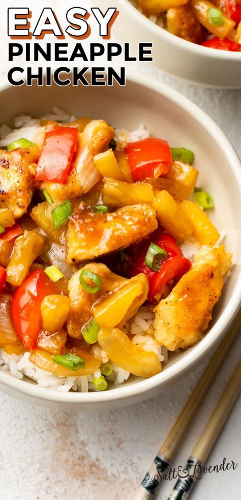 a bowl of chicken and rice with chopsticks and text overlay that reads easy pineapple chicken Easy Pineapple Chicken, Pineapple Chicken And Rice, Chicken Asian, Hawaiian Chicken Recipes, Pineapple Chicken Recipes, Chinese Cooking Recipes, Pineapple Recipes, Pineapple Chicken, Chicken And Rice