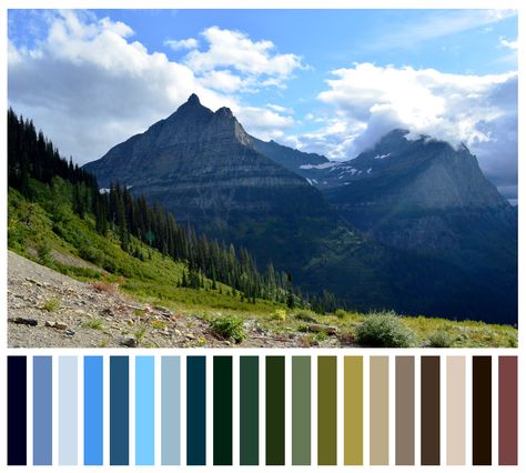 Glacier National Park color palette National Park Color Palette, Pallet Color, Outdoor Pallet, Colour Pallets, Glacier National, Color Swatch, Dyed Yarn, Glacier National Park, New Hobbies