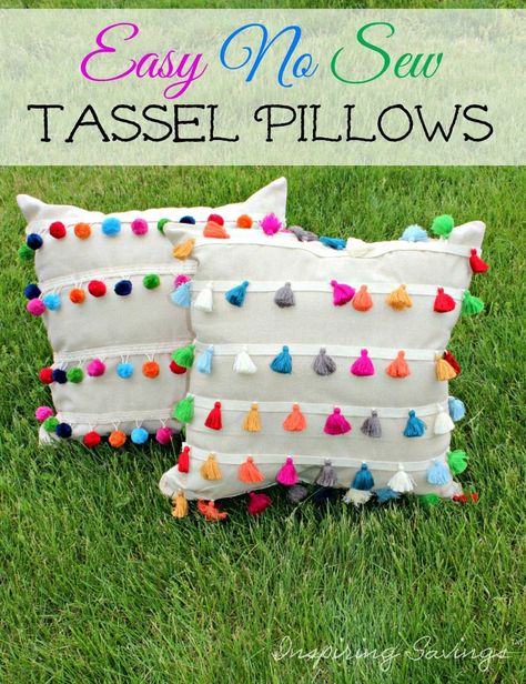 Pillows! This DIY No Sew Outdoor Tassel Pillows will add flair to your home and will not take all day to make. Here is how to make these outdoor pillows. Homemade Pillow Covers, Pillows Silver, Bohemian Texture, Pillows Purple, Diy Throws, Pillows Green, No Sew Pillow Covers, Pompon Diy, Homemade Pillows