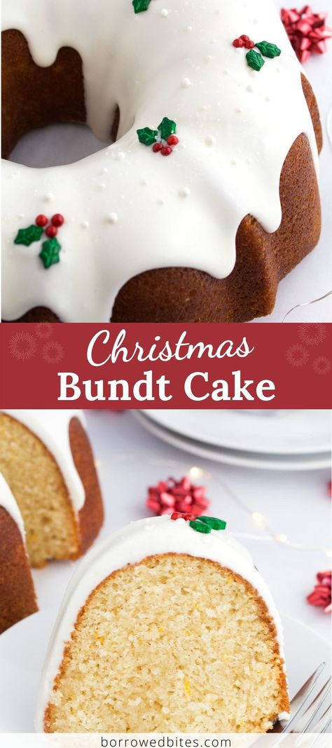 Packed with classic holiday flavors this Christmas Bundt Cake is the perfect combination of fresh orange and cinnamon. It's a show-stopper that’s surprisingly easy to decorate with a luscious cream cheese frosting and simple holly and berry sprinkles! White Bundt Cake Recipes, Christmas Bundt Cake Recipes, Christmas Bundt Cake, Simple Icing, Easy Christmas Cake Recipe, Spring Form, Christmas Cakes Easy, Dress Trending, Xmas Desserts