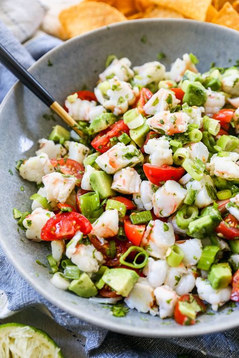 Lime and cilantro add bright, fresh flavor to this Mexican-inspired shrimp ceviche recipe. Easy to make with cooked or raw shrimp! Making Healthy Food, Guacamole Bites, Mexican Shrimp Recipes, Shrimp Ceviche Recipe, Well Plated, Raw Shrimp, Holiday Meal Planning, Recipe Developer, Salmon And Shrimp