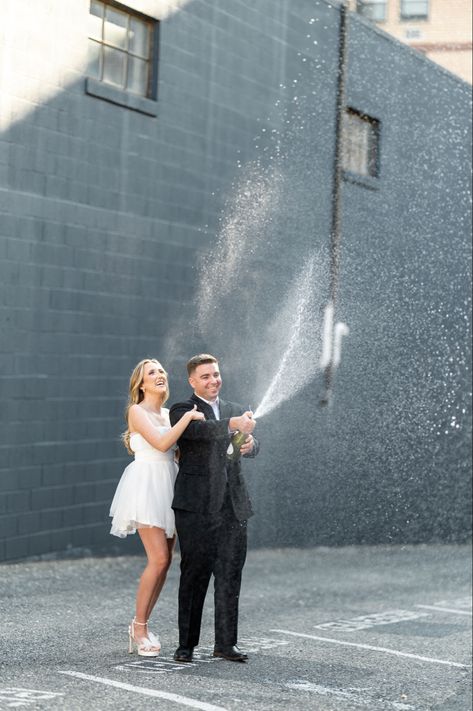 #engagement #bride #groom #bridetobe #champagne #champagnepop Champagne Engagement Pictures, Urban Couple, Engagement Bride, Champagne Pop, Engagement Picture, Suits Men, Engagement Ideas, Champagne Wedding, Proposal Engagement