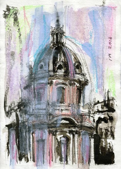 Original fine art drawing by Tatiana Ivchenkova (France). This one-of-a-kind ballpoint pen on paper drawing measures 8.5W x 12 H inches. The architecture drawing ships in a box directly from the artist's studio and is covered by the 14-day satisfaction guarantee from Saatchi Art, so you can buy with confidence. Rome Drawing, Architecture Rome, Expressionism Architecture, Us Drawing, Art Alevel, Gcse Art Sketchbook, Tinta China, Oil Pastel Art, Oil Pastel Drawings