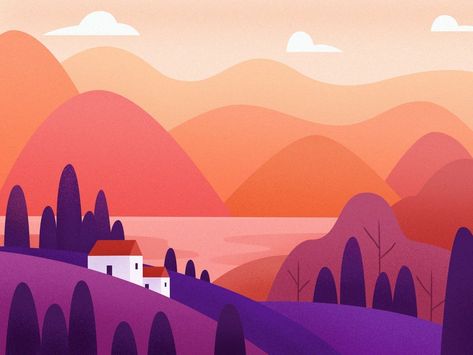 Flat Landscape Illustration, Flat Design Illustration Landscape, Landscape Vector Illustration, Landscape Vector, Easy Landscape Paintings, Sky Art Painting, Illustrator Design Tutorial, Bg Design, Flat Design Illustration