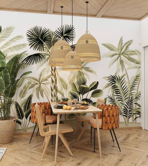 Tropical Wallpaper Dining Room, Modern Tropical Living Room, Tropical Living Room Ideas, Wallpaper Highlights, Trees Mural, Tropical Dining Room, Tropical Chic Decor, Nature Inspired Bedroom, Forest Homes