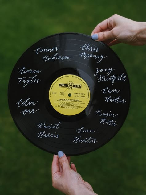 Handwritten records for wedding and event seating plans || Hello Heart String || #seatingplan #seatingchart #weddingcalligraphy #handwritten #vinyl #record #scottishwedding #weddingideas #weddinginspiration Record Seating Chart Wedding, Record Seating Chart, Record Decorations, Hello Heart, Event Seating, Pastel Wedding Theme, Seating Plans, Spring Wedding Inspiration, Jazz Club