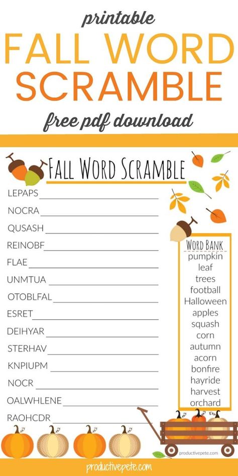 This printable Fall Word Scramble for Kids is a free pdf perfect for entertaining your kids & increasing their vocabulary about the Autumn Season! The Fall Word Scramble can also be printed in Black & White for using with large groups of children! #activitiesforkids #Fall #Autumn #wordscramble Fall Word Scramble, Word Scramble For Kids, Fall Worksheets, Fall Words, Fall Games, Worksheet For Kids, Senior Activities, Autumn Activities For Kids, Word Scramble