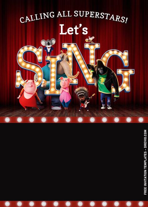 9+ Cartoon Musical Sing 2 Movie Birthday Invitation Templates | Download Hundreds FREE PRINTABLE Birthday Invitation Templates Sing 2 Birthday Invitation, Sing Birthday Invitations, Sing Themed Birthday Party, Sing 2 Birthday Party, Sing Party, Birthday Invitation Background, Free Party Invitations, Movie Invitation, Sing Movie