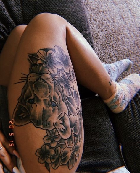 Tiger thigh tattoo🔥 Tiger Thigh Tattoo, Animal Thigh Tattoo, Tiger Tattoo Thigh, Animal Tattoos For Women, Thigh Tat, Hip Thigh Tattoos, Lion Tattoo Sleeves, Thigh Piece, Black Girls With Tattoos