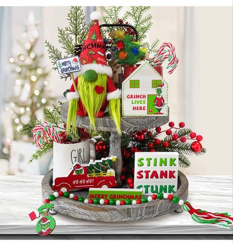 Grinch Decor Turkey Gnome, Thanksgiving Coffee, Gnome Tiered Tray, Christmas Tiered Tray Decor, Le Grinch, Tray Decor Christmas, Christmas Tiered Tray, Decor Tray, Tray Decoration