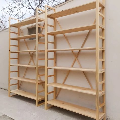 Wooden Shelving Unit, Diy Open Bookshelf, Wooden Racks Shelves, Bohemian Shelves, Bookshelf Tv Stand, Homemade Bookshelves, Handmade Bookshelf, Home Library Office, Bookshelf Tv