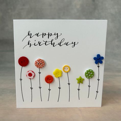 Card Calligraphy, Calligraphy Writing, Calligraphy Cards, Flower Card, Button Cards, Birthday Cards Diy, Happy Birthday Card, Button Crafts, Handmade Birthday Cards