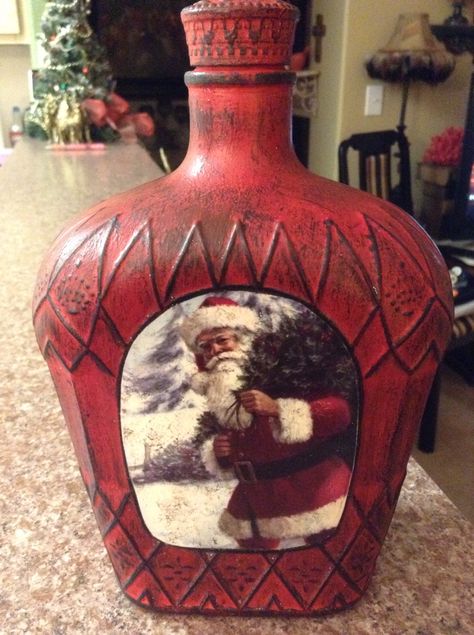 Chalk painted Crown Royal bottle. Crown Royal Bottle Crafts, Crown Royal Bags Ideas Diy, Crown Royal Bottle Crafts Diy, Crown Bottles, Whiskey Bottle Crafts, Crown Royal Crafts, Christmas Bottles, Decorated Liquor Bottles, Crown Royal Bottle