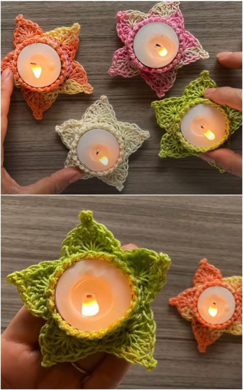 Crochet Fast And Easy Star Candle Holders Crochet Candle Coasters, Crochet Candle Holder Tea Lights Free Pattern, Candle Holder Crochet, Crochet Tealight Holder Free Pattern, Crochet Candle Holder Pattern Free, Crochet Candle Holder Pattern, Candle Crochet, Crochet Candle Holder, Crochet Candle