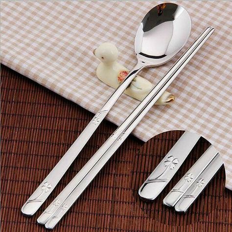 Korean Chopsticks, Cheap Dinnerware Sets, Kitchenware Design, Fancy Kitchens, Study Room Decor, Korea Style, Tableware Set, Polished Stainless Steel, Korea Fashion