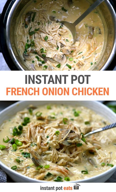 This one-pot Instant Pot French Chicken recipe is French onion soup meets melt-in-your-mouth shredded chicken meets creamy mushroom sauce. It comes together in about 30 minutes and makes for a quick and easy weeknight Instant Pot dinner. This recipe is low-carb, keto and gluten-free friendly but can also be served over pasta noodles, rice, mashed potatoes or in a sandwich. French Onion Pasta Instant Pot, French Onion Chicken Instant Pot, Instapot French Onion Soup, Lipton Onion Soup Mix Recipes Chicken, Pioneer Woman Instant Pot French Onion Soup, Chicken Onion Soup Mix Recipe, Chicken Instant Pot Recipes, French Onion Chicken Ww, Hibachi Rice