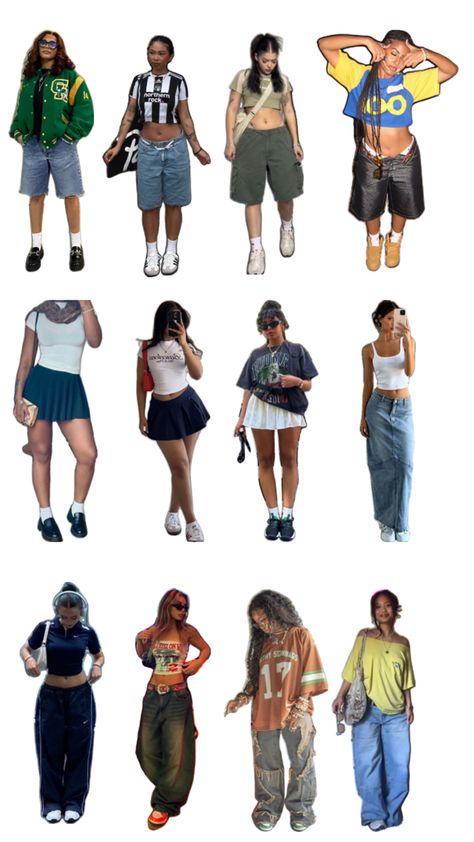 Trendy streetwear look ranging from jorts, jerseys, mini and pleated skirts, to crop tops and baggy jeans Outfit Inspo For Summer, Streetwear Lookbook, Streetwear Inspo, Baddie Fits, Girl Fits, Creative Fashion, Fitness Inspo, Fashion Games, The Fashion