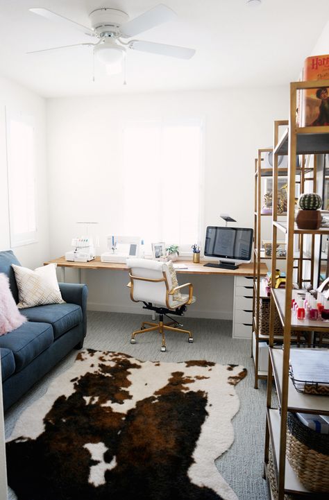 At Home Office Reveal | Merrick's Art Office With 2 Desks And A Couch, Office With Couch And Desk And Tv, Small Home Office With Couch, Office Couch Ideas, Home Office Lounge Area, Office With Couch And Desk, Office With Couch, Carpet Home Office, Home Office With Couch