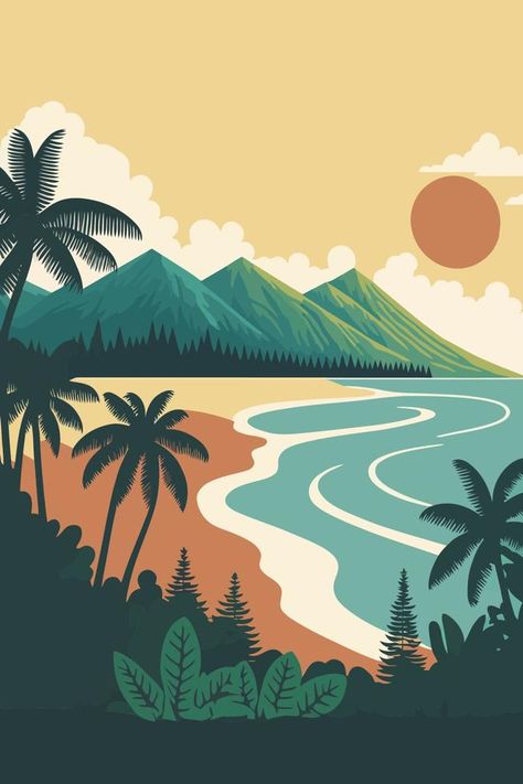 Flat Digital Art, Digital Art Ideas Procreate, Mountain And Sea Drawing, Vector Art Style, Travel Graphic Design Illustration, Beach Vector Art, Graphic Style Art, Sea Vector Illustrations, Digital Illustration Styles