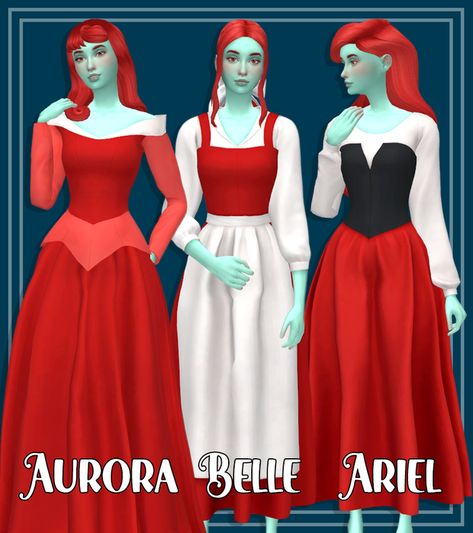 Sifix Disney Dresses - Aurora, Belle and Ariel | Momtrait on Patreon Sims 4 Aurora Cc, Ariel Sims 4 Cc, Sims 4 Disney Cc, Ariel Blue Dress, Sims Disney, Snow White Princess Dress, Snow White Outfits, Sims Fashion, Cc Clothing