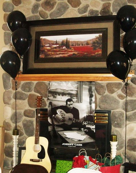 black on black balloons, johnny cash decorations. Johnny Cash Themed Room, Johnny Cash Party Theme, Johnny Cash Birthday, Southern Boys, Black Balloons, 25th Birthday, Baby Shower Fun, Johnny Cash, Black On Black