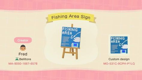 Fish sign animal crossing Acnh Beach Sign Code, Acnh Fishing Sign, Acnh Fish Market Design Codes, Animal Crossing Signs Design, Sign Animal Crossing, Animal Crossing Fish, Acnh Christmas, Fish Sign, Ac Codes