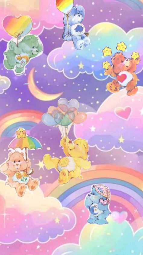 #rainbow #clouds #pastel #carebears #cute #80s #vintageaesthetic #retroaesthetic #happy #phonewallpaper #phonebackground #sky #dream Care Bears Background, Baby Nursery Theme Ideas, All Care Bears, Care Bear Wallpaper, Wallpaper Feminine, Care Bears Wallpaper, Care Bear Stare, Care Bears Rainbow, Nursery Theme Ideas