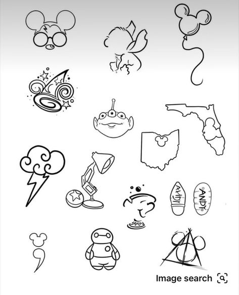 Flash Tattoo Disney, Tattoo Samples, Disney Minimalist, Tiny Tats, Clay Patterns, Patchwork Sleeve, Small Tattoos Simple, Doodles Drawings, Paint Nite