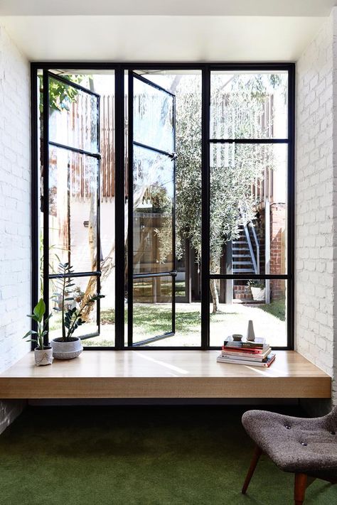 Window Seat Design, 아파트 인테리어, White Brick, Natural Home Decor, Wooden Bench, Open Window, Window Design, Beautiful Architecture, Bay Window