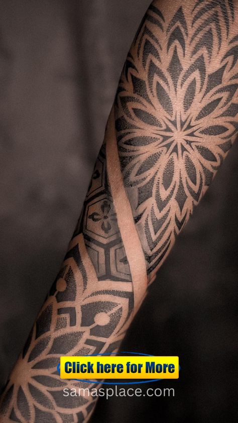 An arm tattoo of a mandala with shadow effects creating a sense of depth and dimensionality. Back Tattoos Mandala, Dotwork Mandala Design, Mandala Pattern Tattoo, Geometric Leg Tattoo, Mandala Geometric Tattoo, Mandala Tattoo Mann, Forearm Mandala Tattoo, Tattooed Guys, Mandala Tattoo Ideas