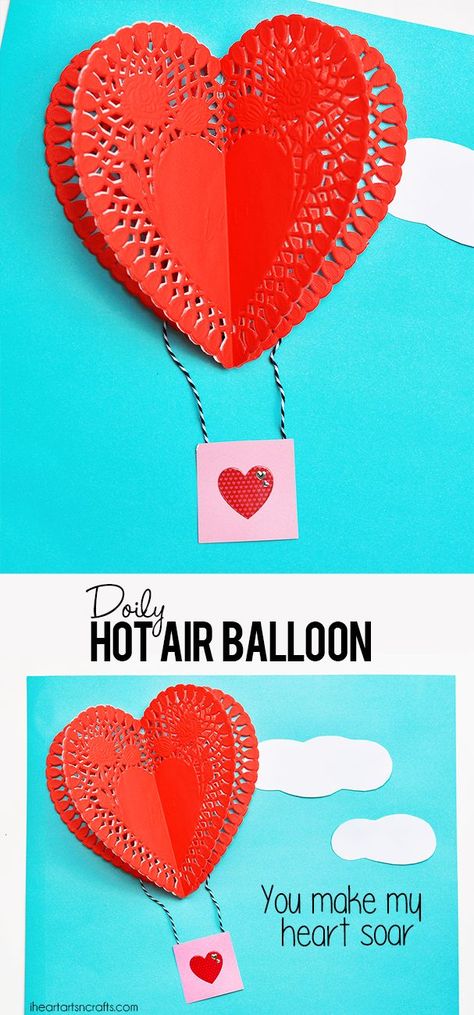 These Doily Hot Air Balloons are so cute! I love how sweet this is!! What a fun Valentine's Day craft! Valentine Doily Craft, Air Balloon Craft, Arts N Crafts, Balloon Craft, Hot Air Balloon Craft, Valentine Art Projects, Doilies Crafts, Easy Valentine Crafts, Balloon Crafts