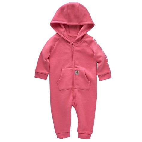 Keep your baby girl comfy and warm in this long-sleeve hooded fleece coverall from Carhartt. It's made from soft, durable fleece, and it features an easy on/off zipper and cuffs that fit snugly around her wrists and ankles to keep chilly air from getting in.  Machine wash cold, tumble dry low Imported Fabric - 58% Cotton 42% Polyester Carhartt Baby Girl, Carhartt Long Sleeve, Carhartt Logo, Girls Overalls, Girls Fleece, Bib Overalls, Leg Cuffs, Ink Stain, Knit Sleeve