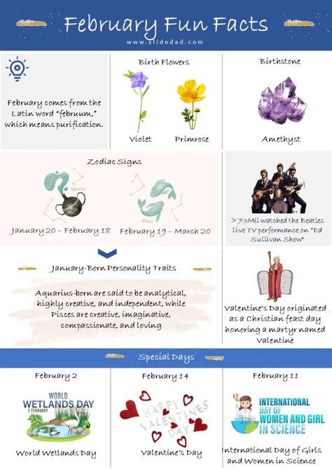 February infographic: Zodiac signs, birthstone, flower, name origins, special days, holidays, Valentine's Day, The Beatles February Special Days, Plot Activities, February Born, Life Style Change, Custom Photo Calendar, World Of Printables, Daily Planner Hourly, Free Printable Calendars, February Ideas