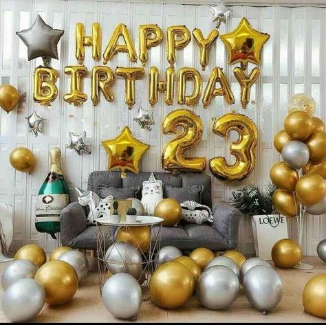 23 years old 🥰For Birthday party best celebrated wonderful decoration ❤️ Happy Birthday 23, Birthday Decorations At Home, Gold Foil Balloons, Birthday Room Decorations, Simple Birthday Decorations, Giant Balloons, Birthday Balloon Decorations, Happy Party, Foil Balloons