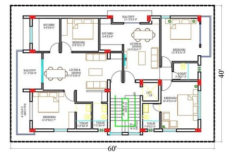 2400 square feet typical apartment 2 unit house furniture layout AutoCAD drawing includes 2 bedrooms with attached toilet, kitchen, living room with dining area, and balcony. the additional drawing such as a all measurement and description detail for easy to understand this project. download 60'X40' plot size for 2BHK apartment layout plan Drawing DWG file. 60x40 House Plans, 2 Bedroom Apartment Floor Plan, 40x60 House Plans, Small Apartment Plans, Duplex Floor Plans, 2bhk House Plan, Unique House Plans, Modern House Floor Plans, 2 Storey House Design