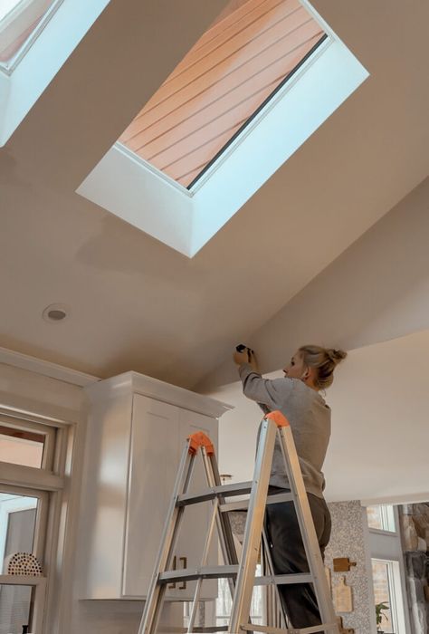 How to Shiplap to Your Vaulted Ceiling: A Step-by-Step Tutorial - Come Stay Awhile by Amanda Vernaci | Modern Farmhouse DIY   Home Renovation Sherwin Williams Alabaster White, Shiplap Boards, Modern Farmhouse Diy, Corner Moulding, Faux Beams, Alabaster White, Ceiling Treatments, My Obsession, Shaker Style