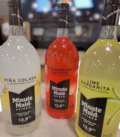 new wine cocktail, Minute Maid Spiked, available in 3 flavors: pina colada, strawberry daiquiri, and lime margarita. Minute Maid Cocktails, Alcholic Drinks, Lime Margarita, Ready To Drink, Yummy Alcoholic Drinks, Natural Hair Short Cuts, Strawberry Daiquiri, Minute Maid, Drinks Alcohol