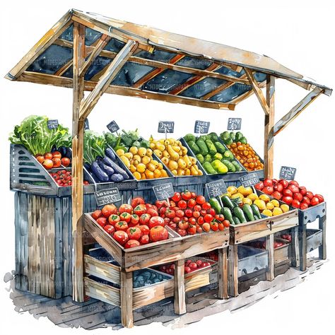 10 Farmers Market Clipart, Fruits and Vegetables Landscape, Printable Watercolor Clipart, Paper Craft, High Quality Jpgs, Digital Download - Etsy Morocco Fruit Stand Drawing, Green Market, Unique Images, Junk Journaling, Farmer's Market, Clipart Images, Watercolor Clipart, Fruits And Vegetables, Farmers Market