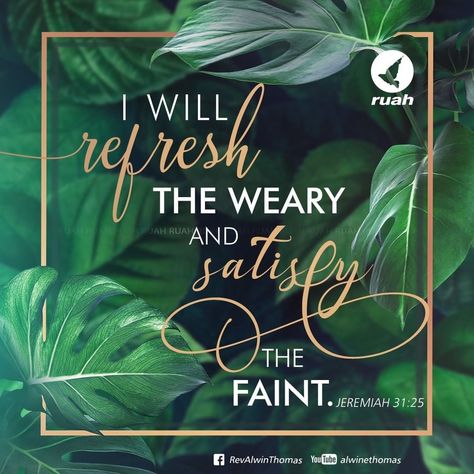 Alwin Thomas’s Instagram post: “I will refresh the weary and satisfy the faint. Jeremiah 31:25  #dailybreath #ruah #ruahchurch #ruahministries #bibleverse #promiseoftheday…” Jeremiah 31 25, Jeremiah 31, Bible Truth, Word Of God, Inspire Me, Cool Words, Verses, Bible Verses, Bible