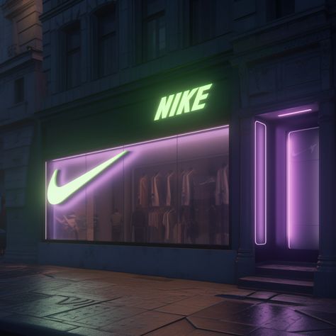 Modern Nike store front with neon green and purple signs at night. Made with #midjourney #nike #architecture #nikestore #AI Purple And Neon Green, Relaxing Office, Studio Vibes, Shop Facade, Store Signage, Storefront Design, Brand Pop, Neon Decor, Neon Stripes