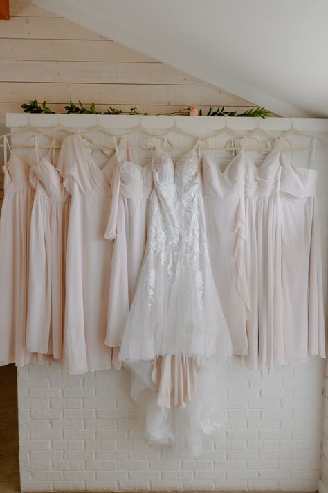 Wedding dress hangs while being surrounded by light pink bridesmaid dresses Hanging Bridesmaid Dresses, Bride And Bridesmaid Dresses Hanging, Bridesmaid Dress Pictures Hanging, Bridesmaid Dress Hanging Photo, Wedding Dress Hanging Photo, Bridesmaid Dresses Hanging Picture Ideas, Wedding Dress Photos Hanging, Wedding Dress Hanging Pictures, Wedding Dress Pictures Hanging